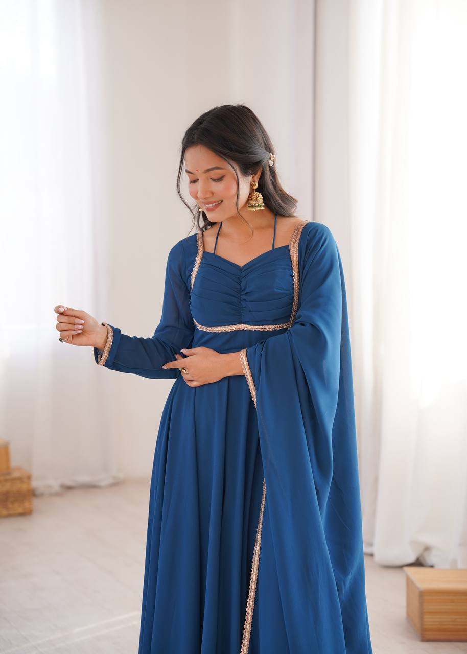 TEAL BLUE COLOR PURE BLOOMING GEORGETTE ANARKALI GOWN