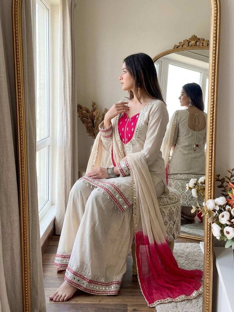 CLASSIC IVORY ROMAN GLASS MIRROR WORK PALAZZO SUIT SET