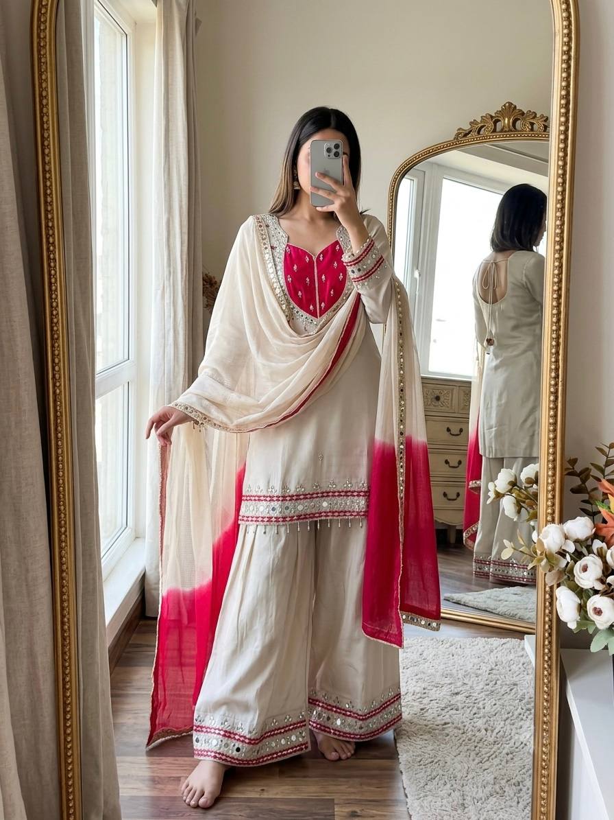 CLASSIC IVORY ROMAN GLASS MIRROR WORK PALAZZO SUIT SET