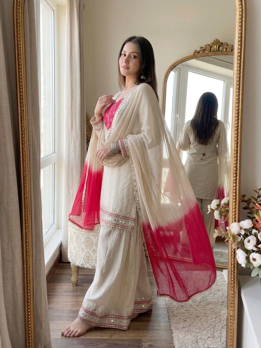 CLASSIC IVORY ROMAN GLASS MIRROR WORK PALAZZO SUIT SET