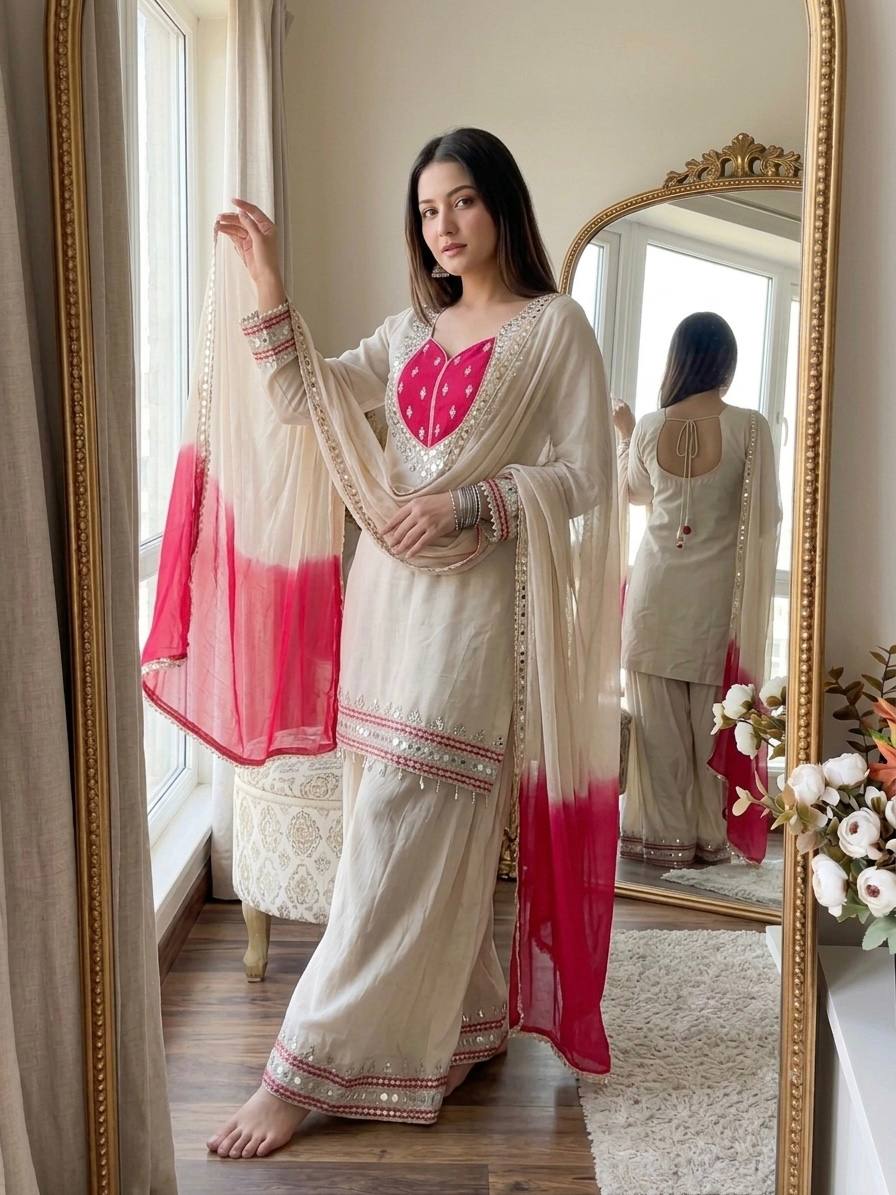 CLASSIC IVORY ROMAN GLASS MIRROR WORK PALAZZO SUIT SET