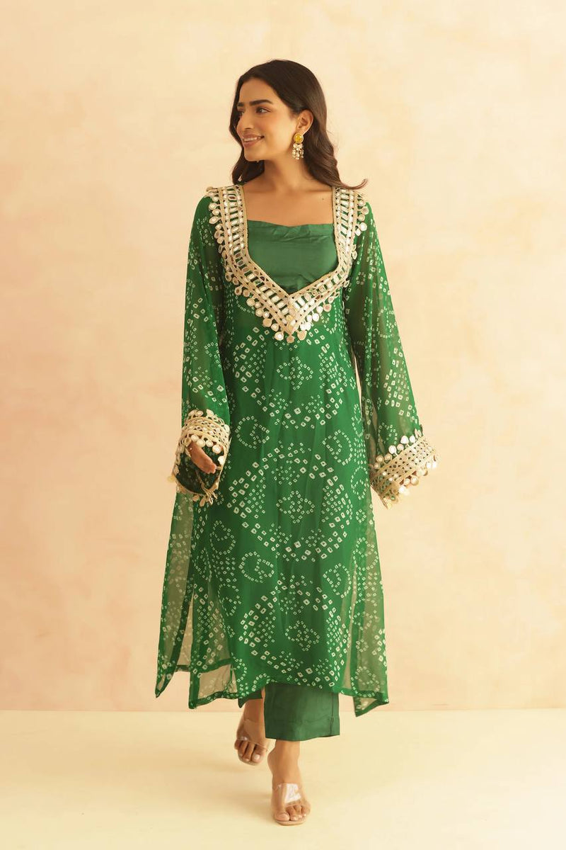 BANDHEJ PRINT MIRROR LACE WORK FUSION KURTI STYLE CO-ORD SET