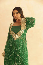 BANDHEJ PRINT MIRROR LACE WORK FUSION KURTI STYLE CO-ORD SET