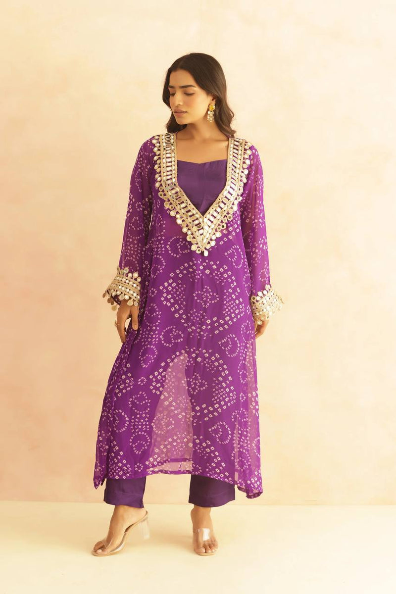 BANDHEJ PRINT MIRROR LACE WORK FUSION KURTI STYLE CO-ORD SET