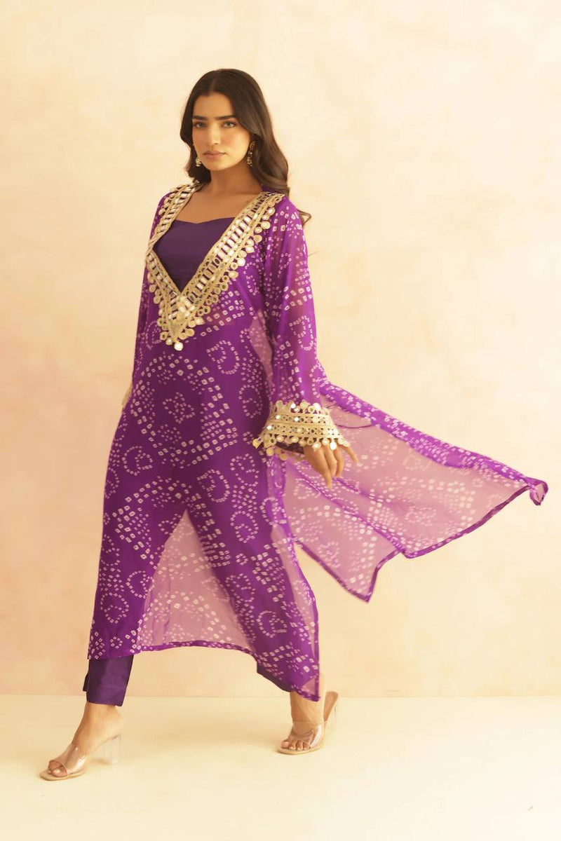 BANDHEJ PRINT MIRROR LACE WORK FUSION KURTI STYLE CO-ORD SET