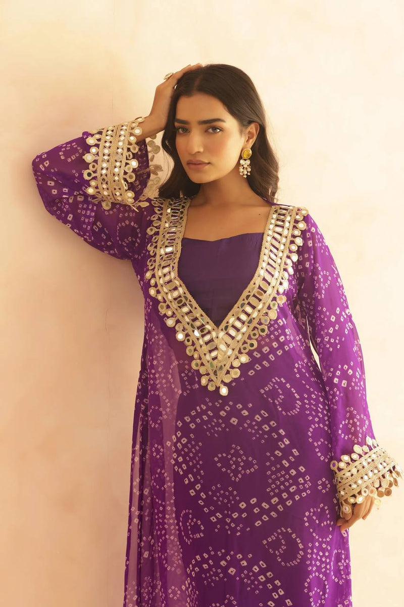 BANDHEJ PRINT MIRROR LACE WORK FUSION KURTI STYLE CO-ORD SET