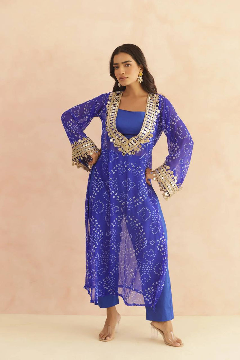 BANDHEJ PRINT MIRROR LACE WORK FUSION KURTI STYLE CO-ORD SET