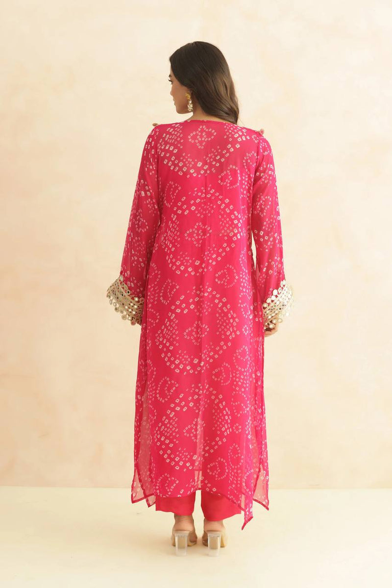 BANDHEJ PRINT MIRROR LACE WORK FUSION KURTI STYLE CO-ORD SET