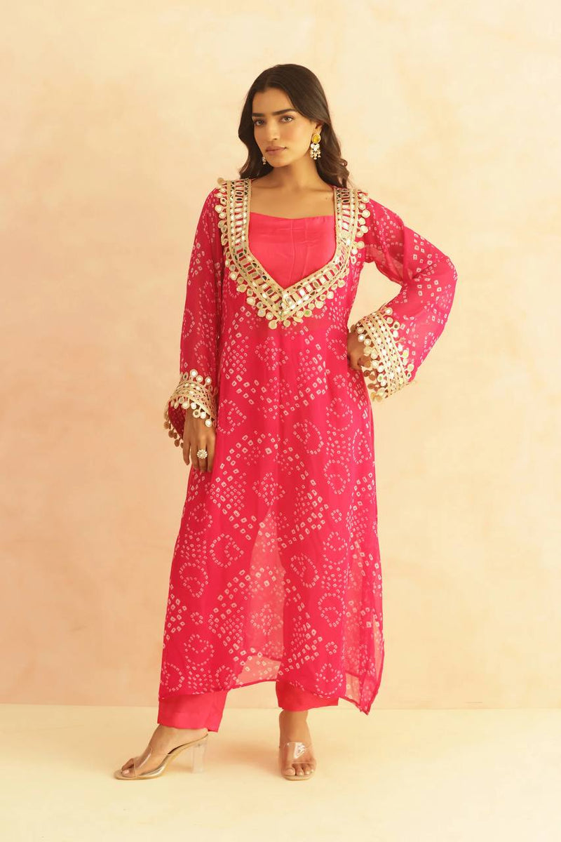 BANDHEJ PRINT MIRROR LACE WORK FUSION KURTI STYLE CO-ORD SET