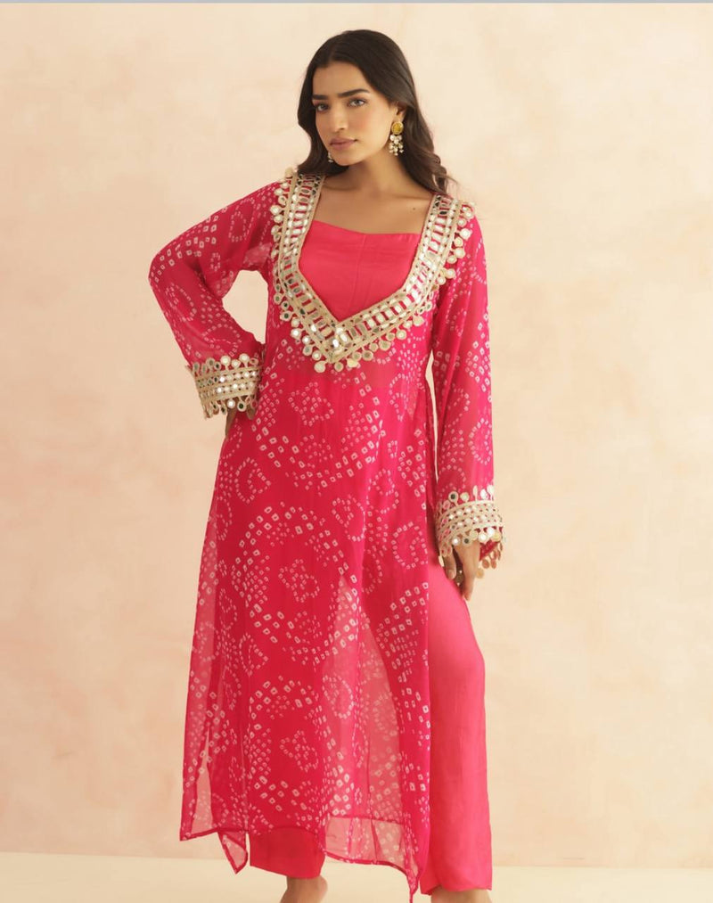 BANDHEJ PRINT MIRROR LACE WORK FUSION KURTI STYLE CO-ORD SET