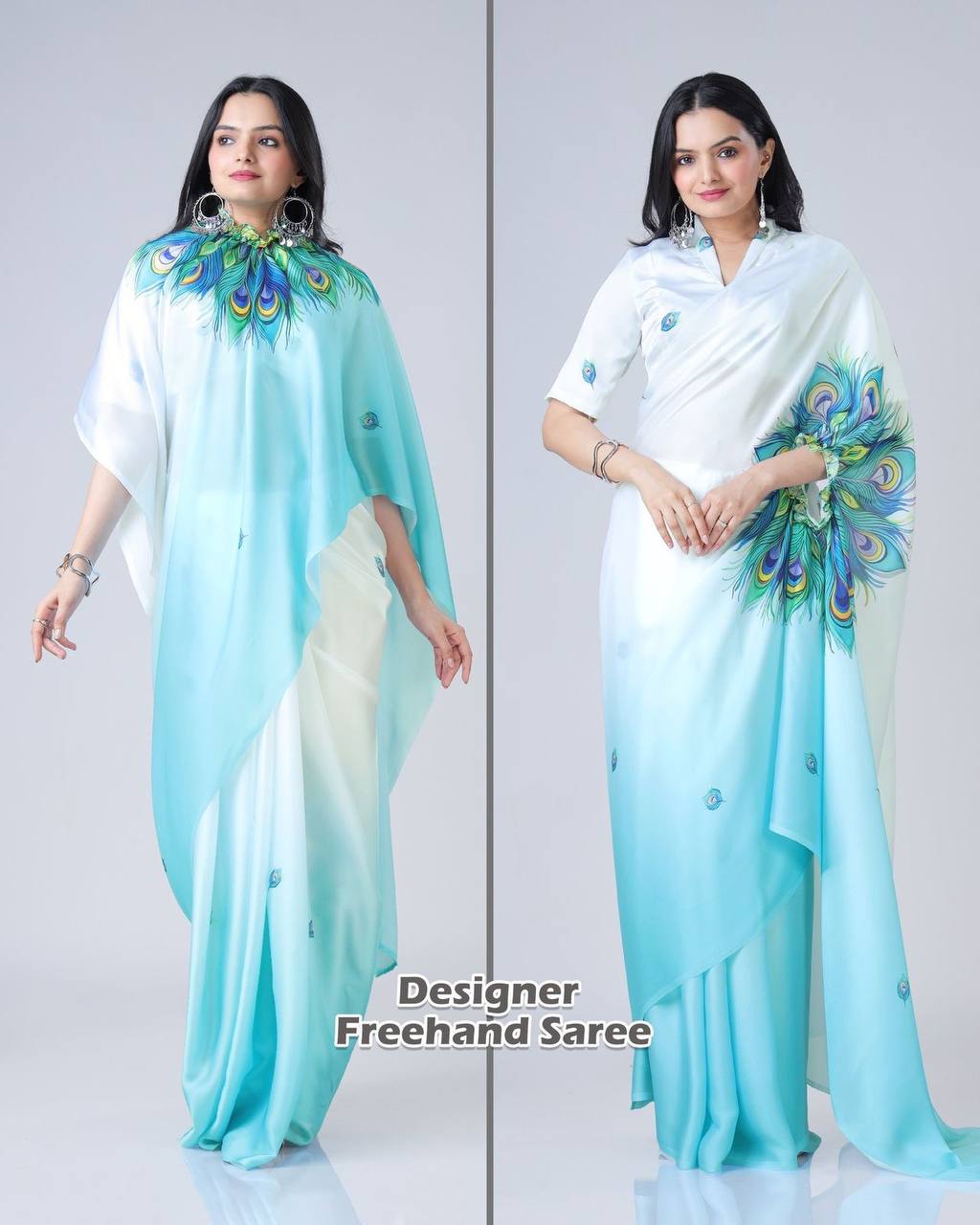 BLUE FEATHER OMBRE FREEHAND SAREE