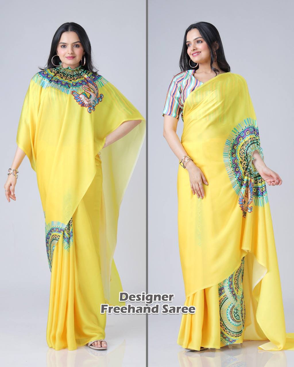 YELLOW TRADITIONAL FREEHAND SAREE