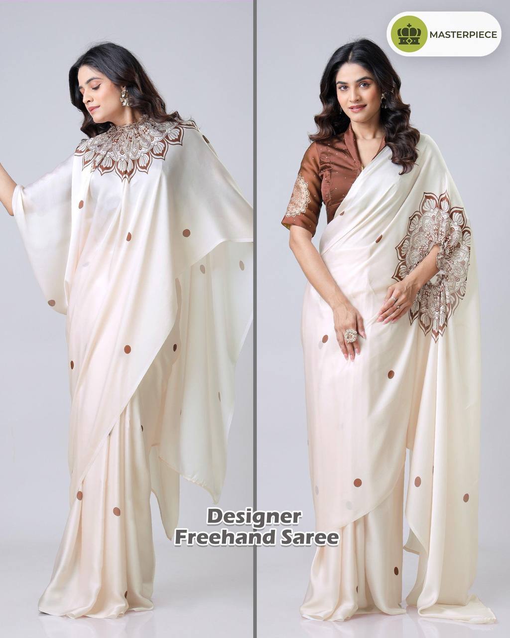 CREAM MANDALAAA PRINT FREEHAND SAREE