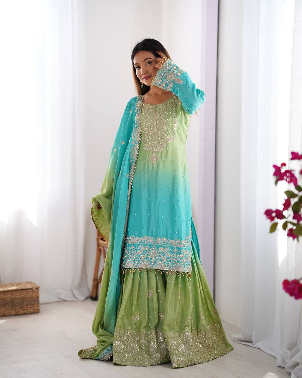 MODAL BLUE & SPANISH OLIVE COLOR GRACEFUL DUAL SHADED SHARARA SETS