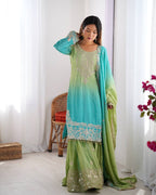 MODAL BLUE & SPANISH OLIVE COLOR GRACEFUL DUAL SHADED SHARARA SETS