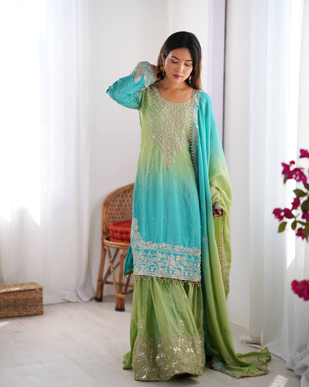 MODAL BLUE & SPANISH OLIVE COLOR GRACEFUL DUAL SHADED SHARARA SETS