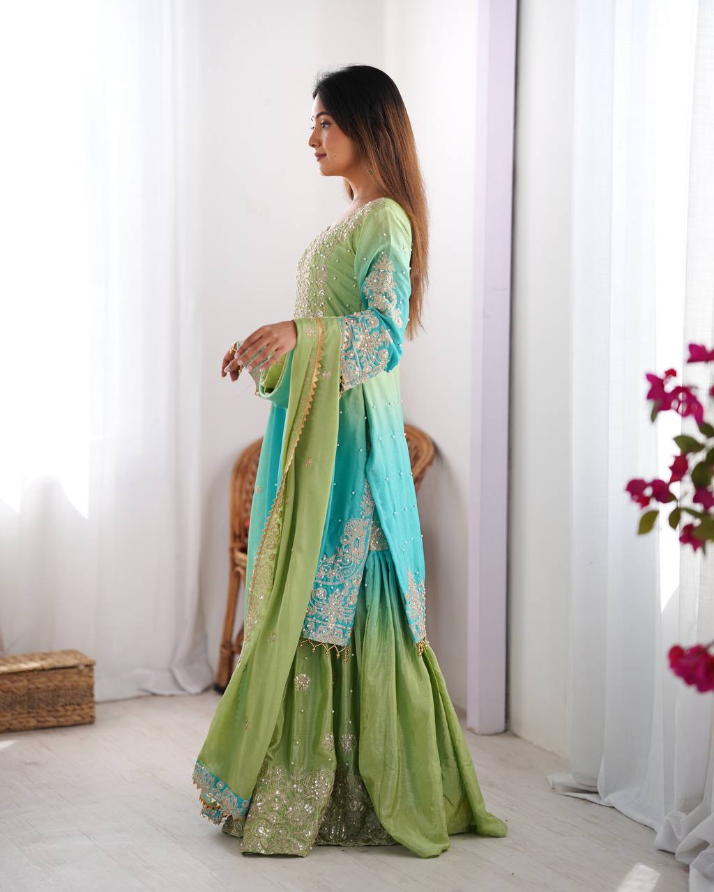 MODAL BLUE & SPANISH OLIVE COLOR GRACEFUL DUAL SHADED SHARARA SETS