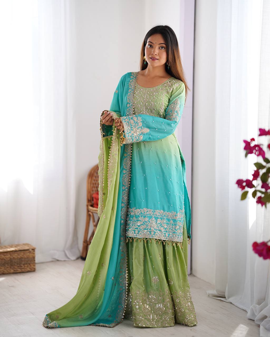 MODAL BLUE & SPANISH OLIVE COLOR GRACEFUL DUAL SHADED SHARARA SETS