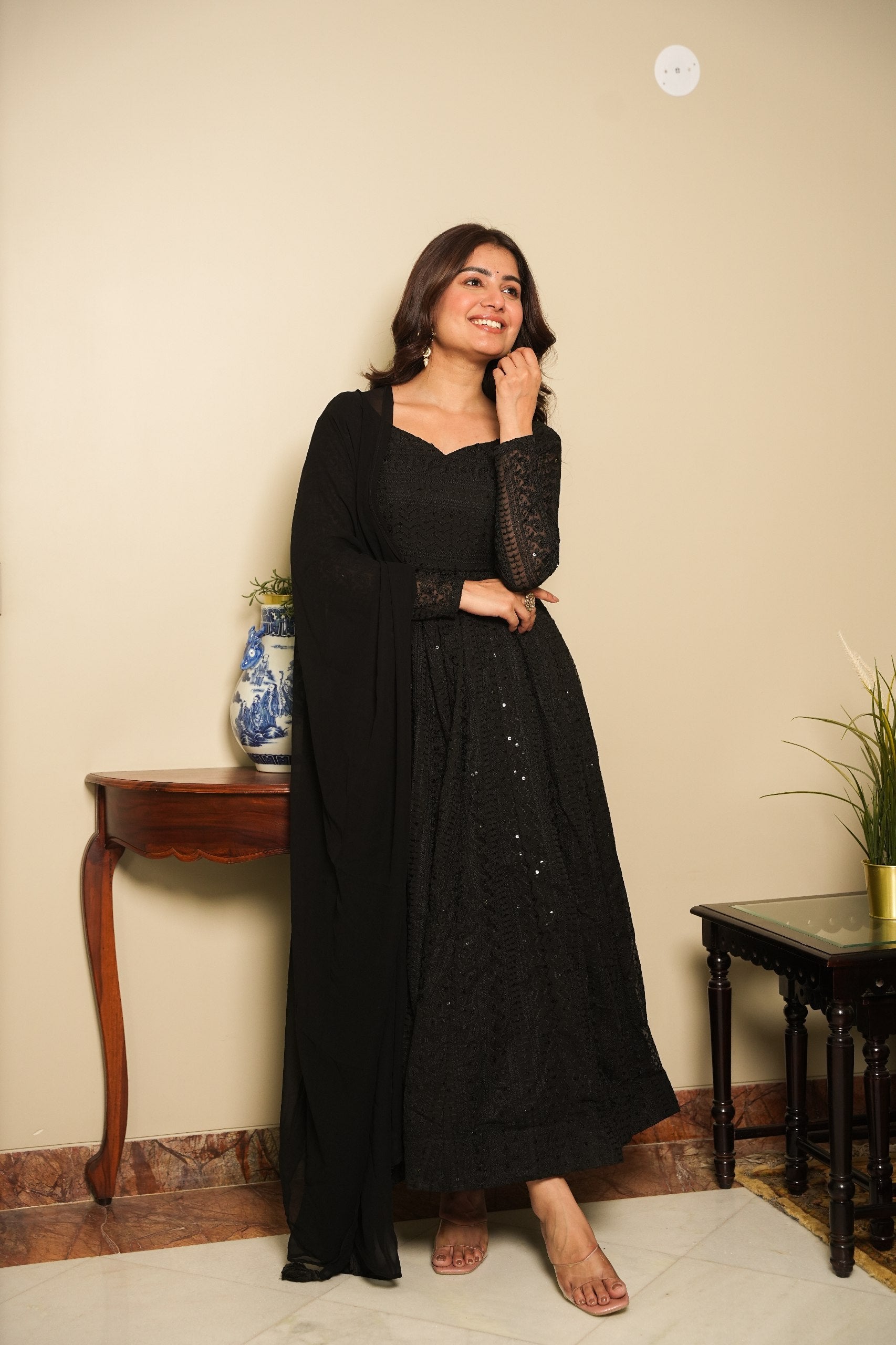 BLACK COLOR GEORGETTE LUCKNOWI ANARKALI SUIT SET OF 3
