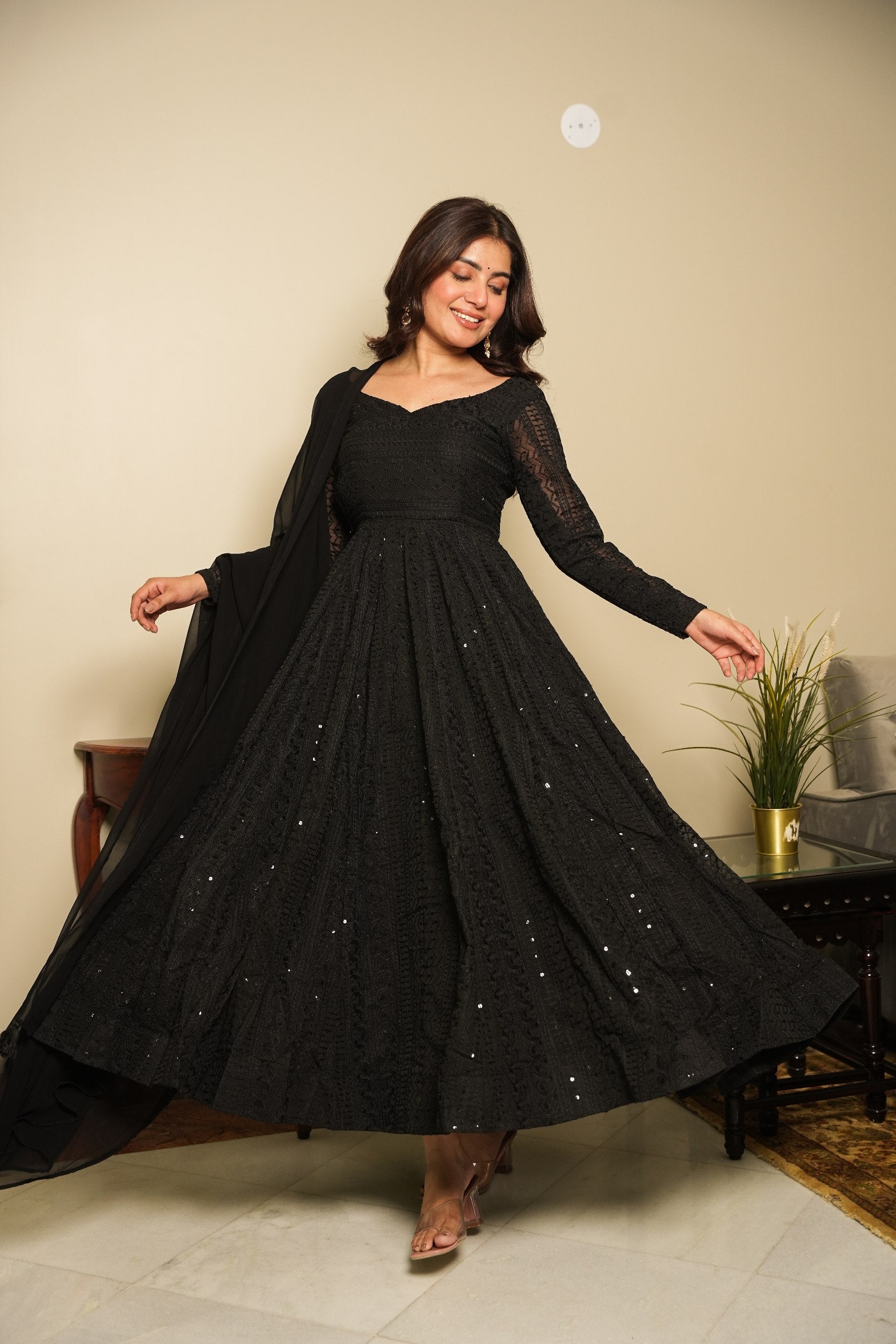 BLACK COLOR GEORGETTE LUCKNOWI ANARKALI SUIT SET OF 3