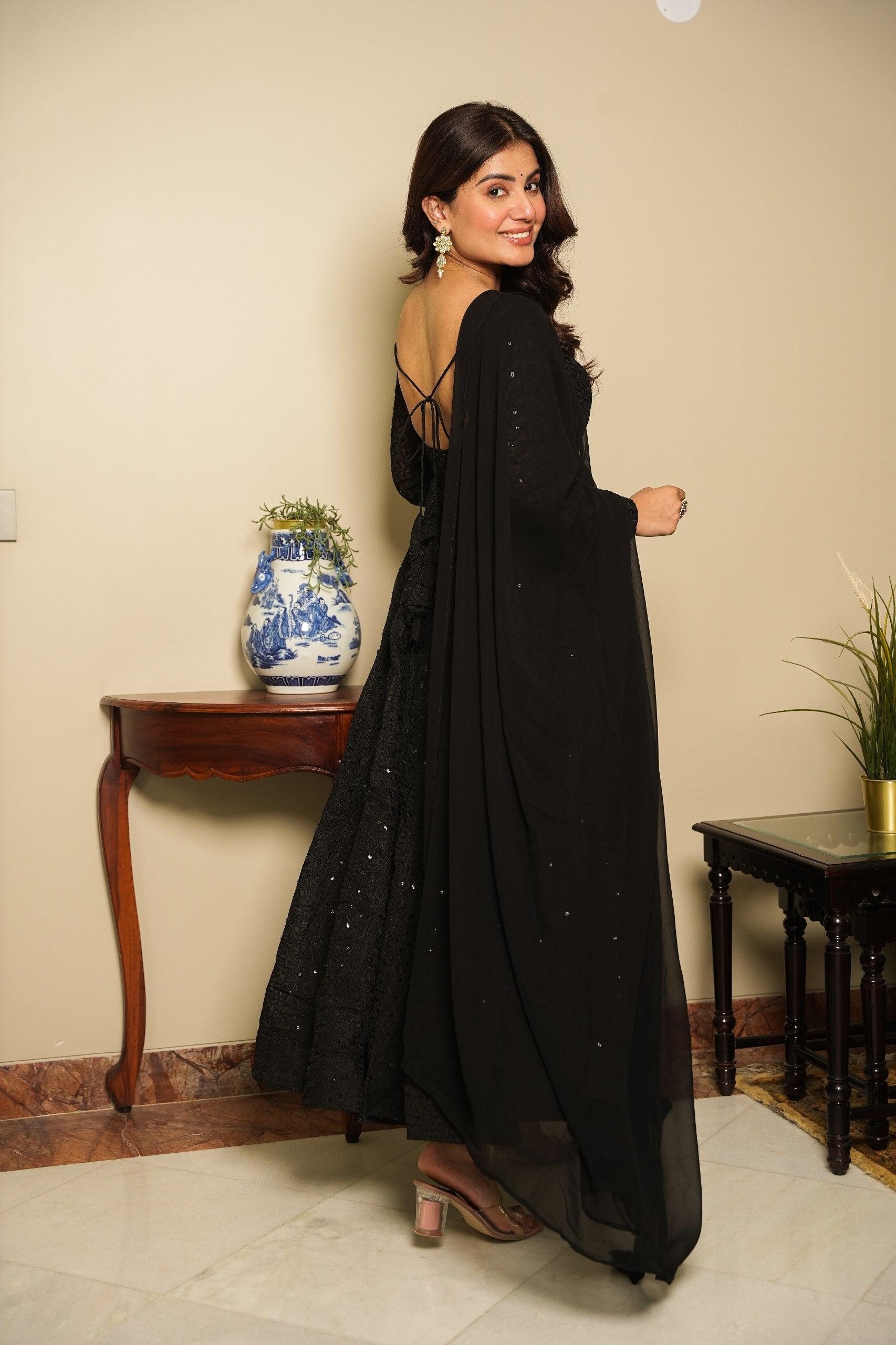 BLACK COLOR GEORGETTE LUCKNOWI ANARKALI SUIT SET OF 3