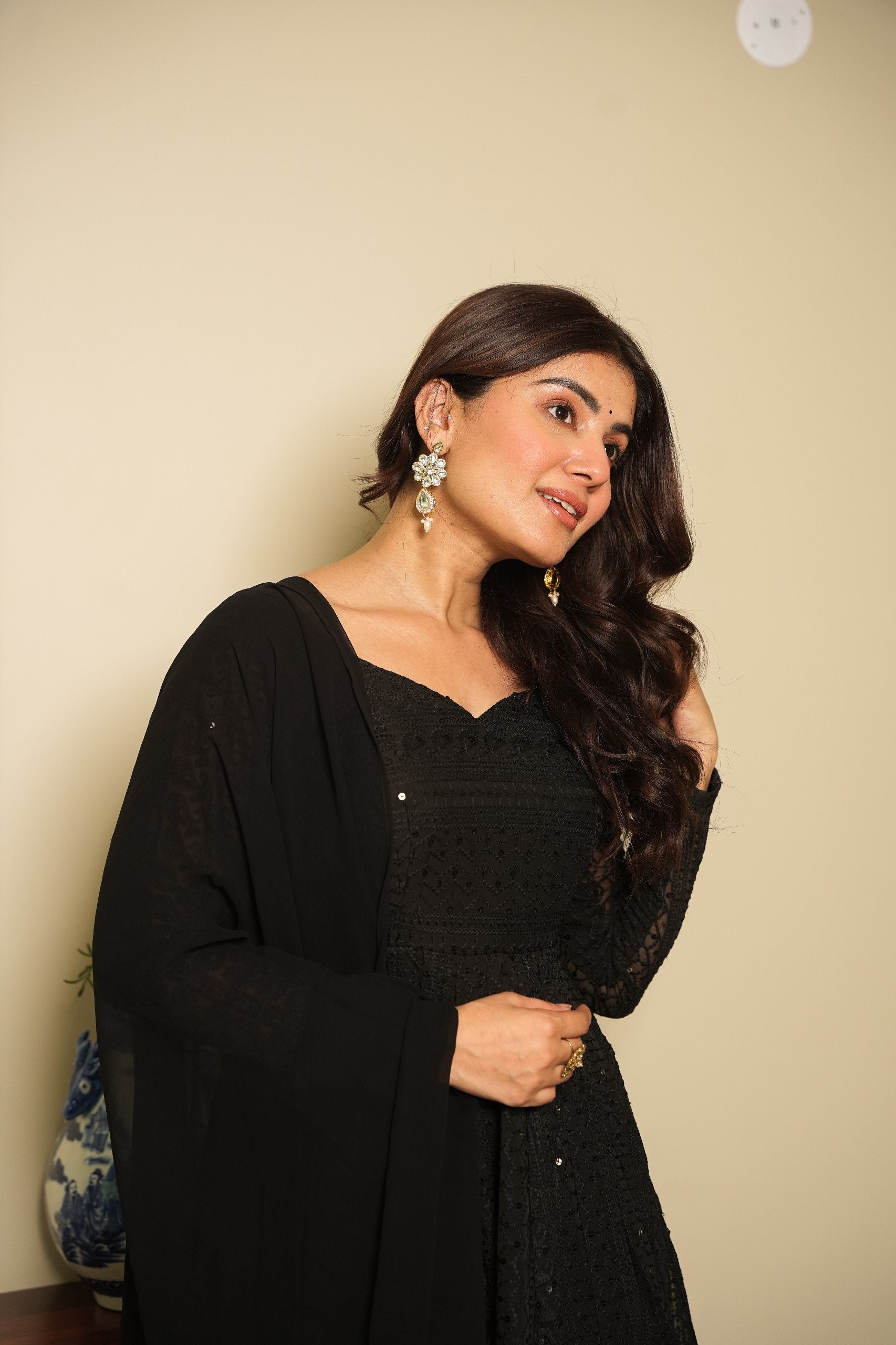 BLACK COLOR GEORGETTE LUCKNOWI ANARKALI SUIT SET OF 3