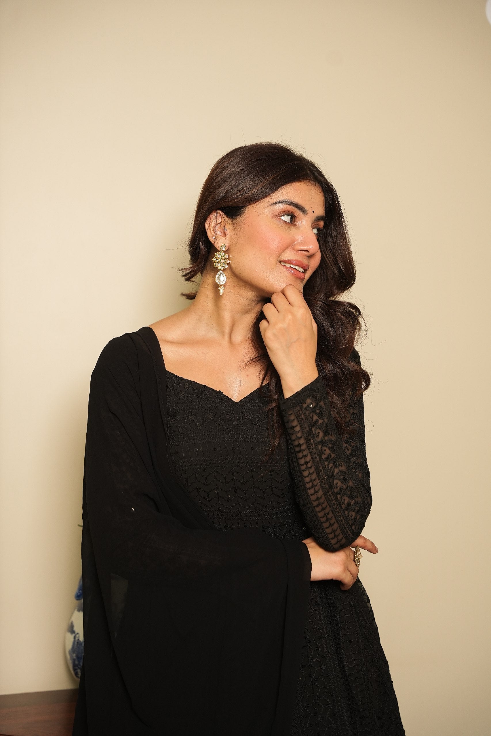 BLACK COLOR GEORGETTE LUCKNOWI ANARKALI SUIT SET OF 3