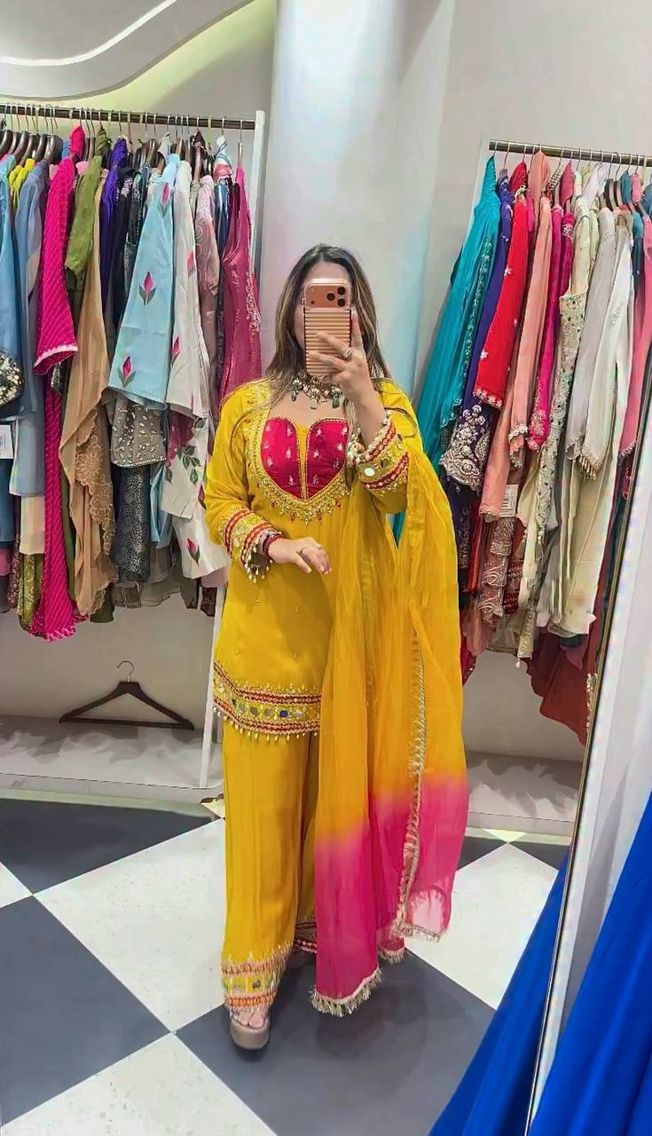 MUSTARD ROMAN GLASS MIRROR WORK PALAZZO SUIT SET