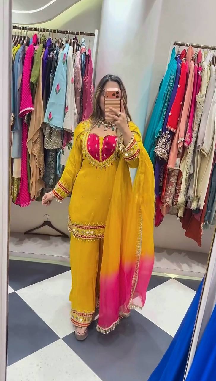 MUSTARD ROMAN GLASS MIRROR WORK PALAZZO SUIT SET