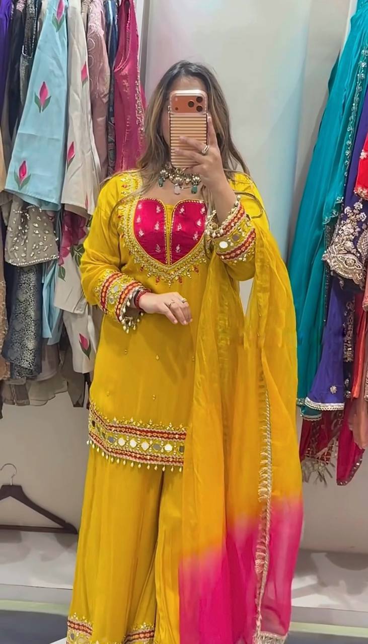 MUSTARD ROMAN GLASS MIRROR WORK PALAZZO SUIT SET