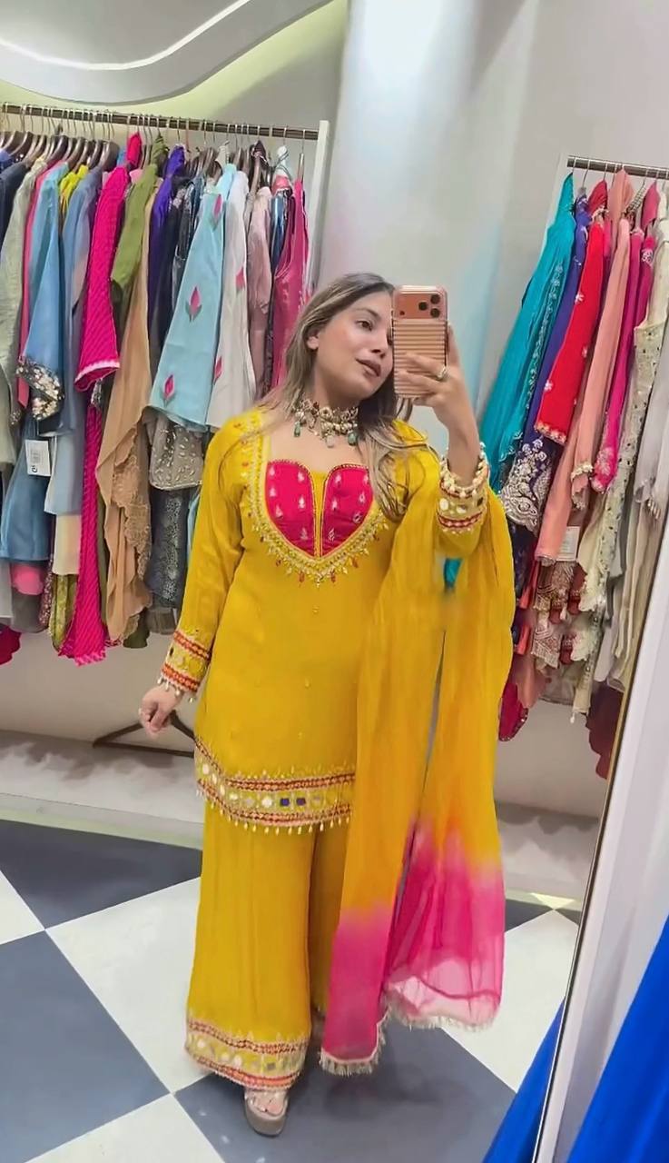 MUSTARD ROMAN GLASS MIRROR WORK PALAZZO SUIT SET