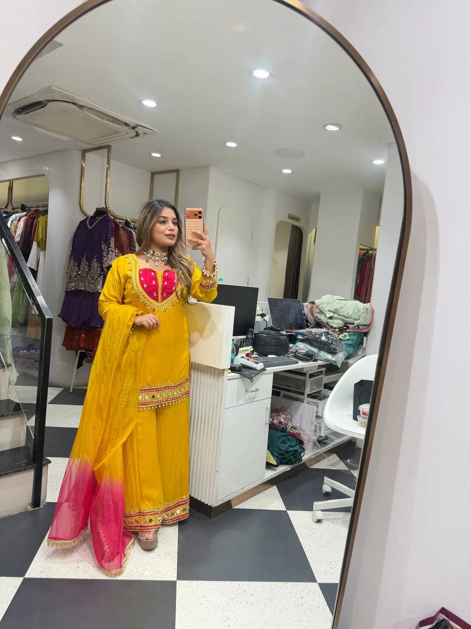 MUSTARD ROMAN GLASS MIRROR WORK PALAZZO SUIT SET