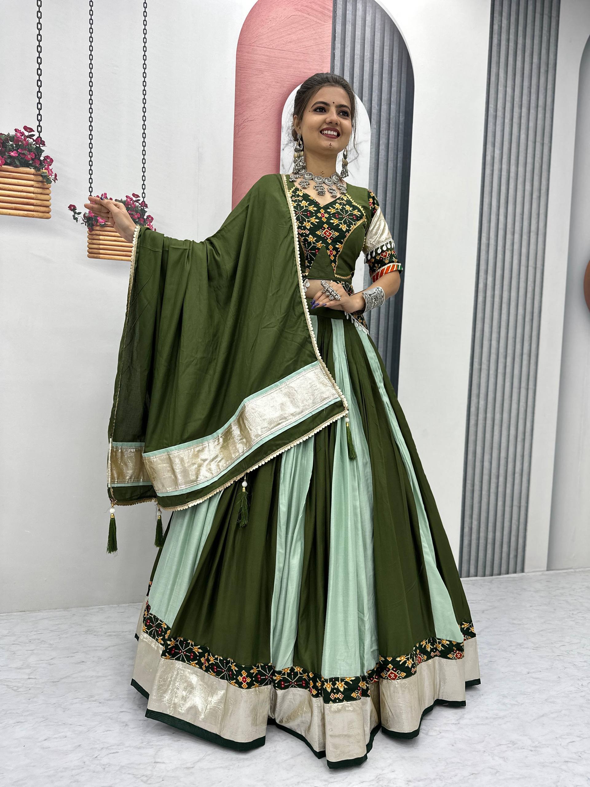 GREEN COLOR NAVRATRI SPECIAL PURE COTTON LEHENGA CHOLI