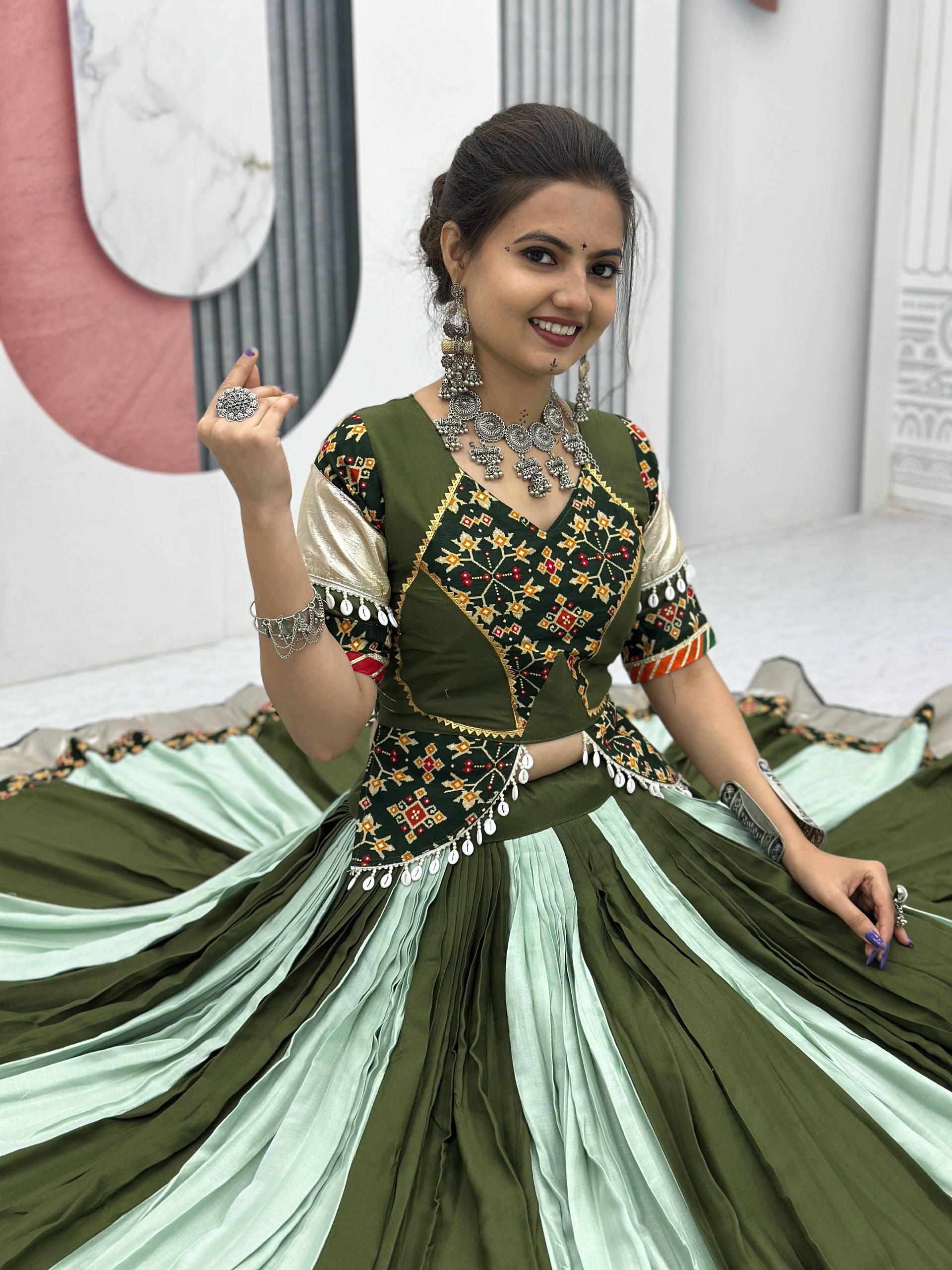 GREEN COLOR NAVRATRI SPECIAL PURE COTTON LEHENGA CHOLI