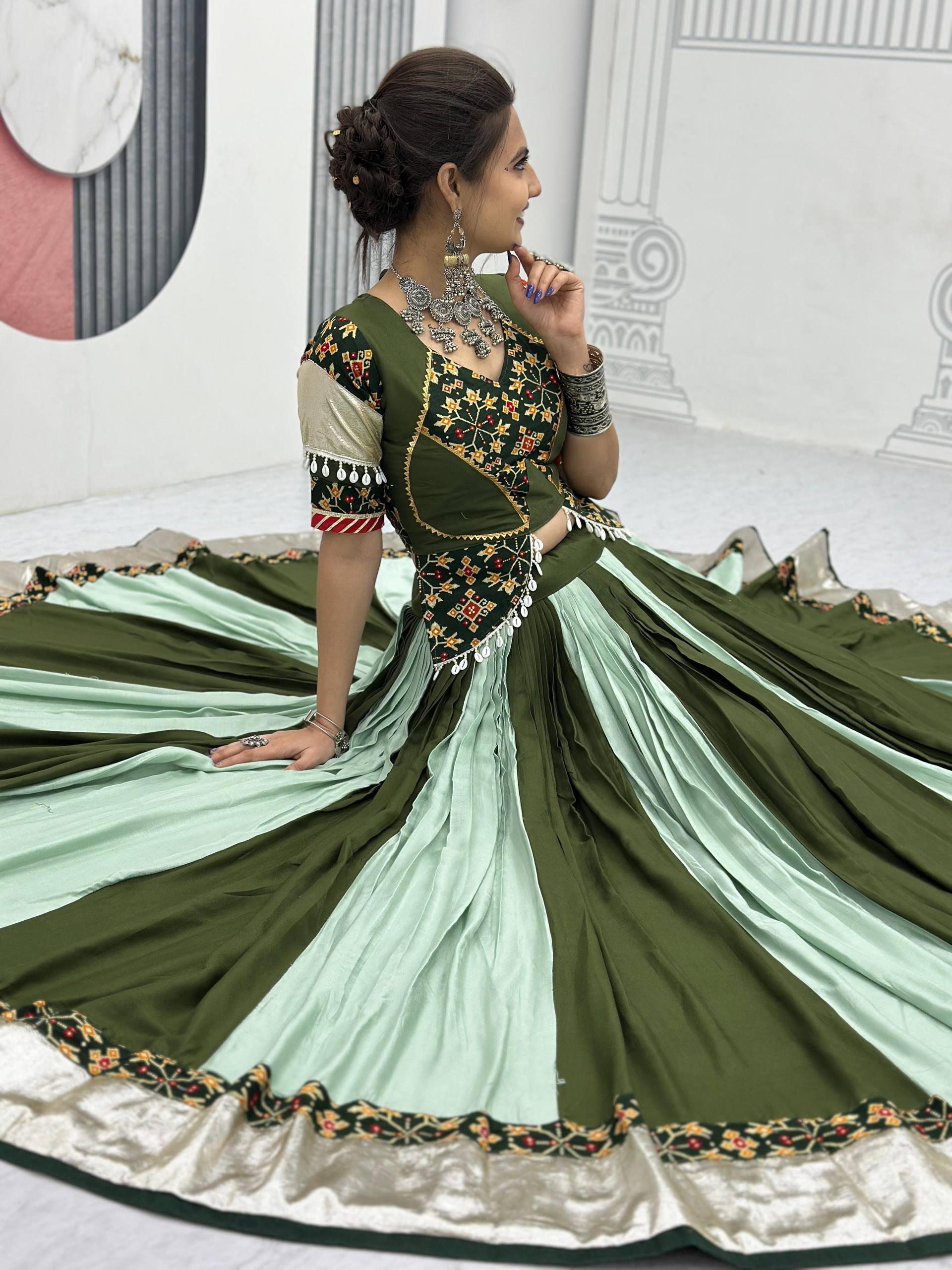 GREEN COLOR NAVRATRI SPECIAL PURE COTTON LEHENGA CHOLI