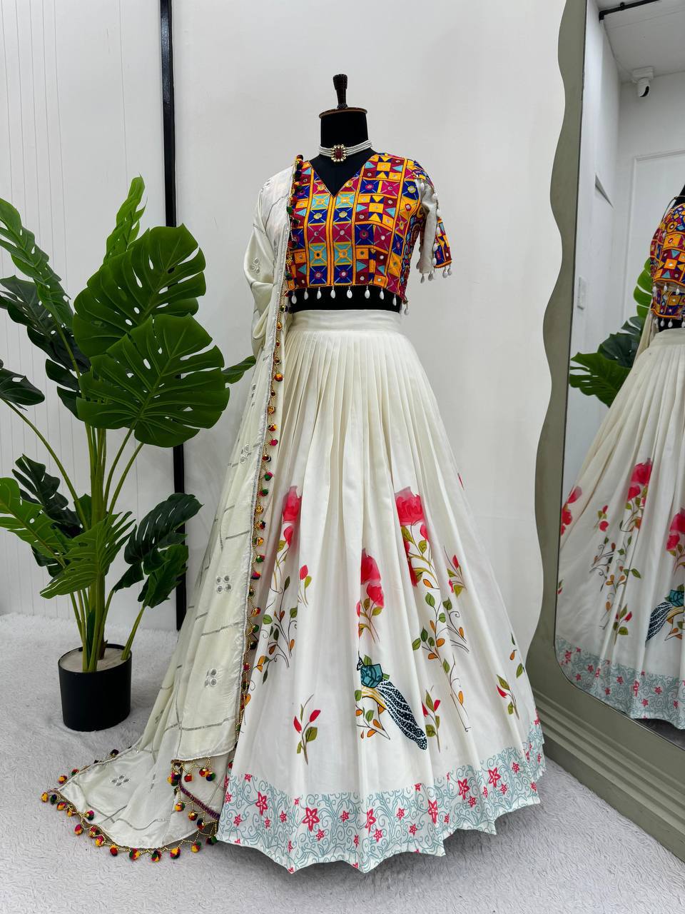 WHITE COLOR RAYON LEHENGA WITH GAMTHI WORK BLOUSE