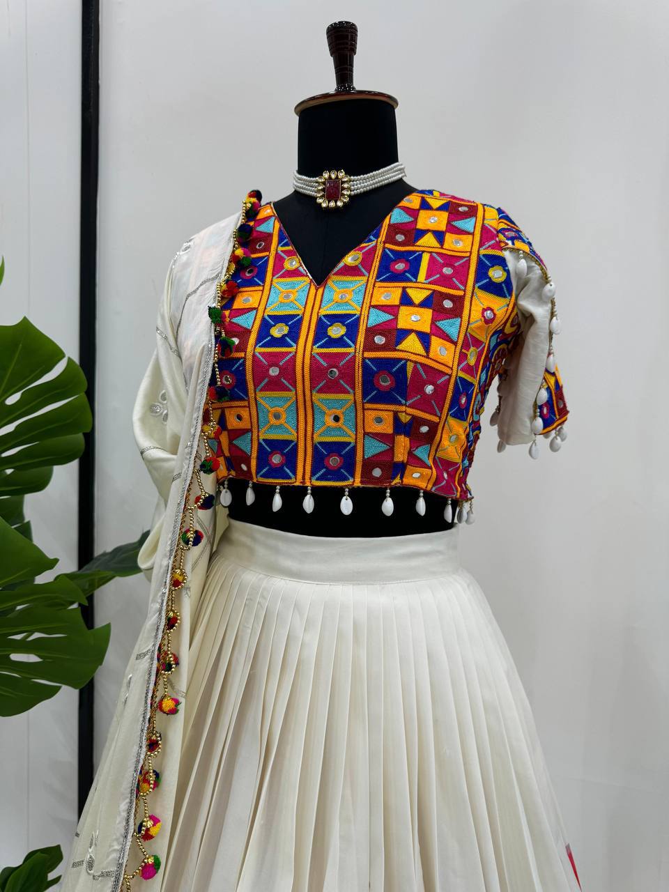 WHITE COLOR RAYON LEHENGA WITH GAMTHI WORK BLOUSE
