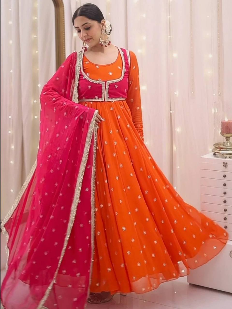 ORANGE AND PINK COLOR EMBROIDERY SEQUENCE WORK ANARKALI SUIT