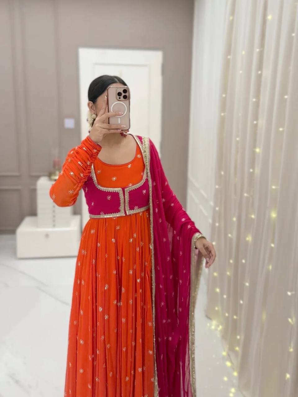 ORANGE AND PINK COLOR EMBROIDERY SEQUENCE WORK ANARKALI SUIT