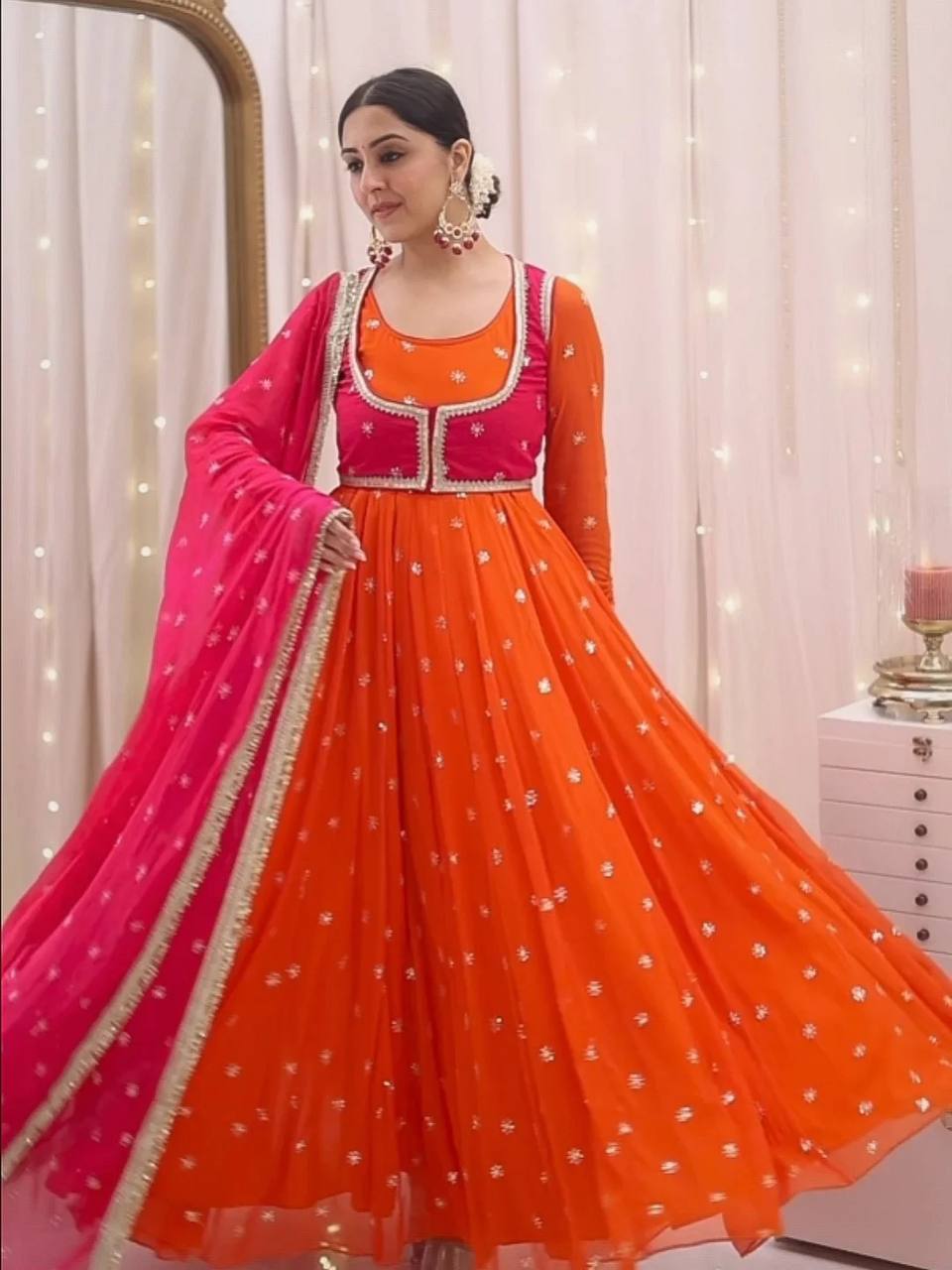 ORANGE AND PINK COLOR EMBROIDERY SEQUENCE WORK ANARKALI SUIT