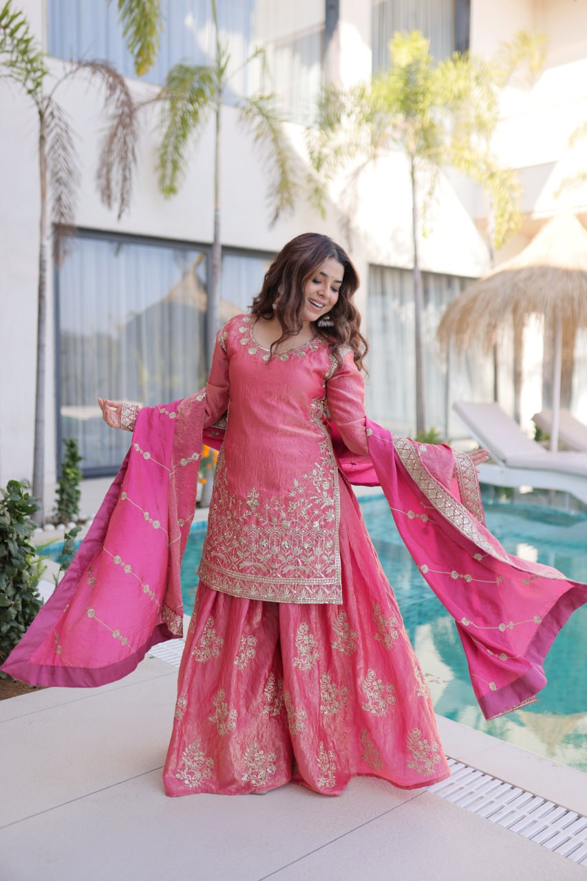 OLD PINK COLOR EMBROIDERED SHARARA SET