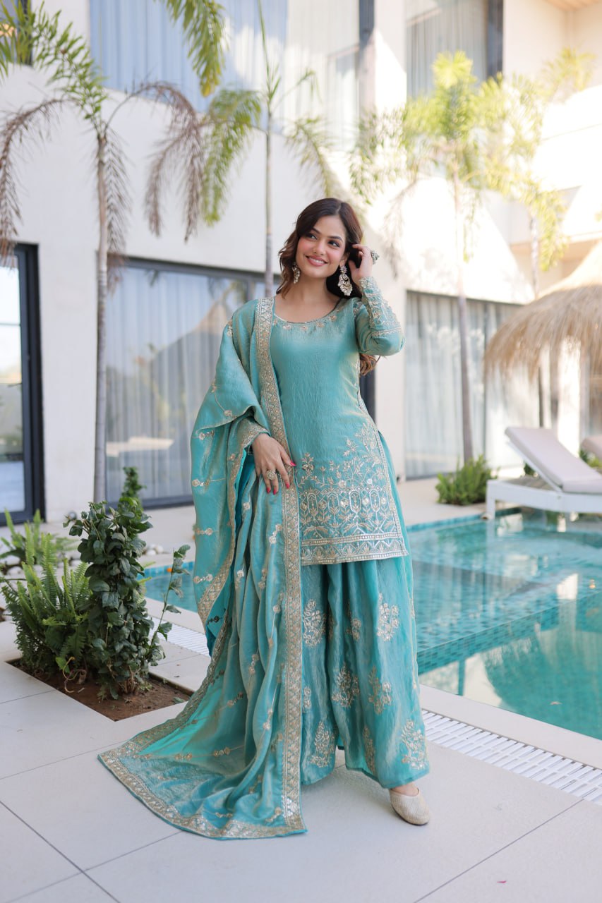 DUSTY BLUE COLOR EMBROIDERED SHARARA SET