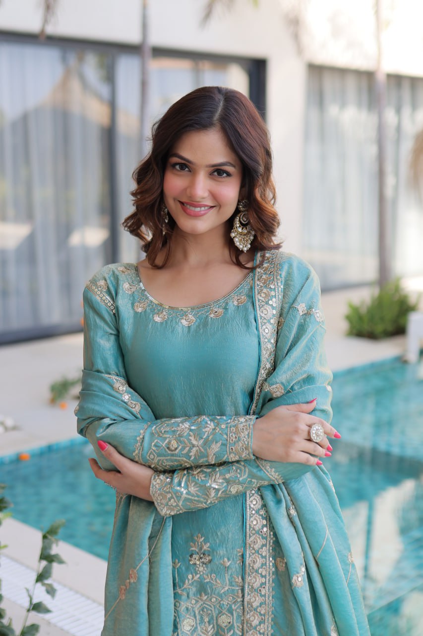 DUSTY BLUE COLOR EMBROIDERED SHARARA SET