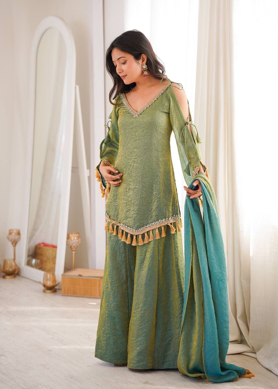 OLIVE GREEN DESIGNER KURTA PALAZZO SET WITH TASSEL DUPATTA