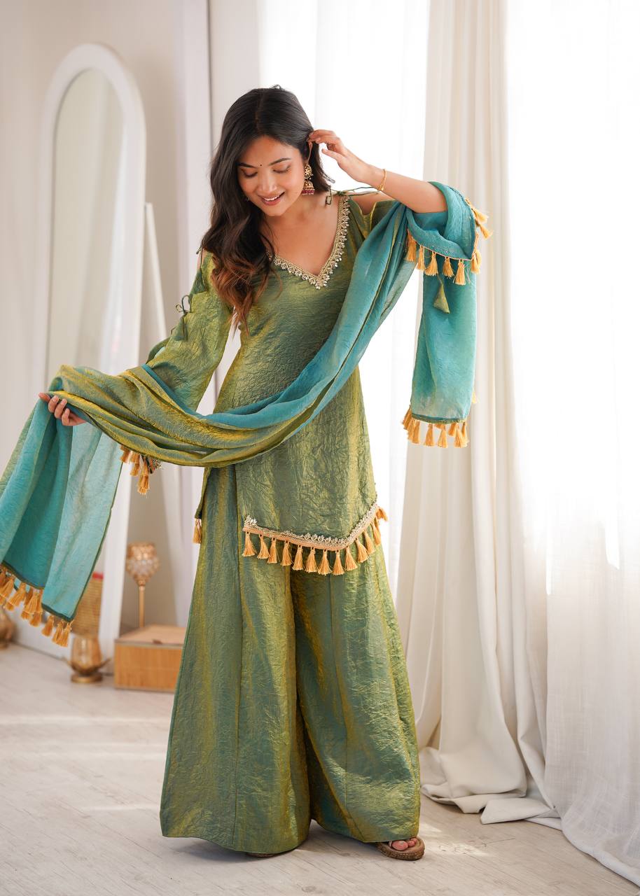 OLIVE GREEN DESIGNER KURTA PALAZZO SET WITH TASSEL DUPATTA
