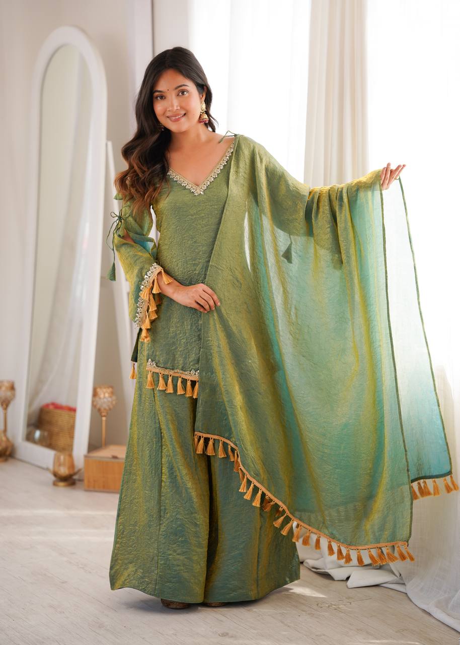 OLIVE GREEN DESIGNER KURTA PALAZZO SET WITH TASSEL DUPATTA