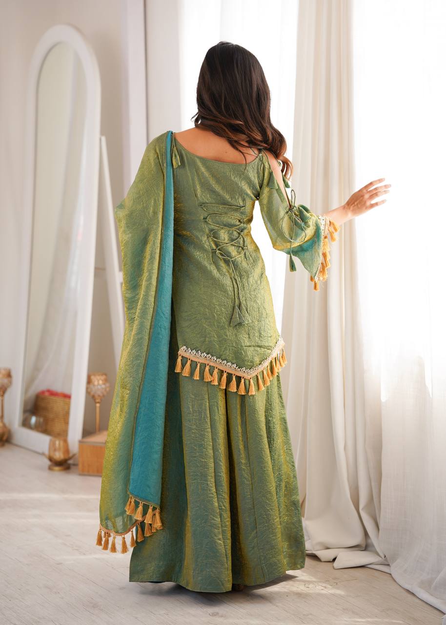 OLIVE GREEN DESIGNER KURTA PALAZZO SET WITH TASSEL DUPATTA