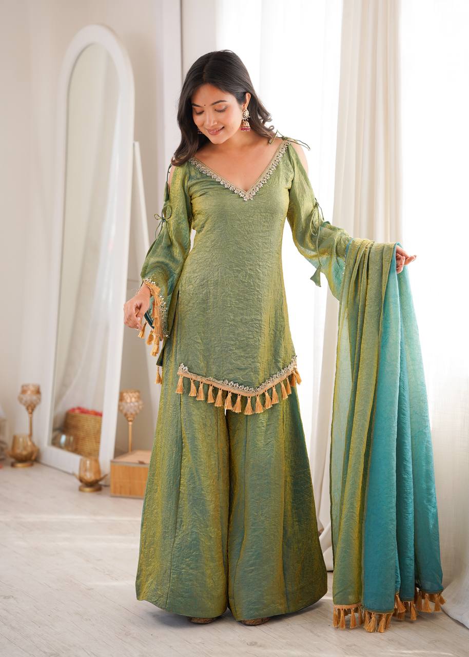 OLIVE GREEN DESIGNER KURTA PALAZZO SET WITH TASSEL DUPATTA