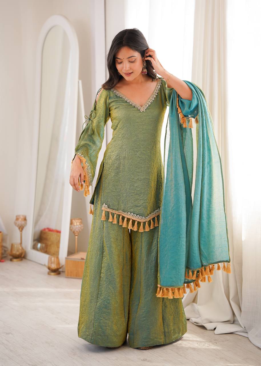 OLIVE GREEN DESIGNER KURTA PALAZZO SET WITH TASSEL DUPATTA