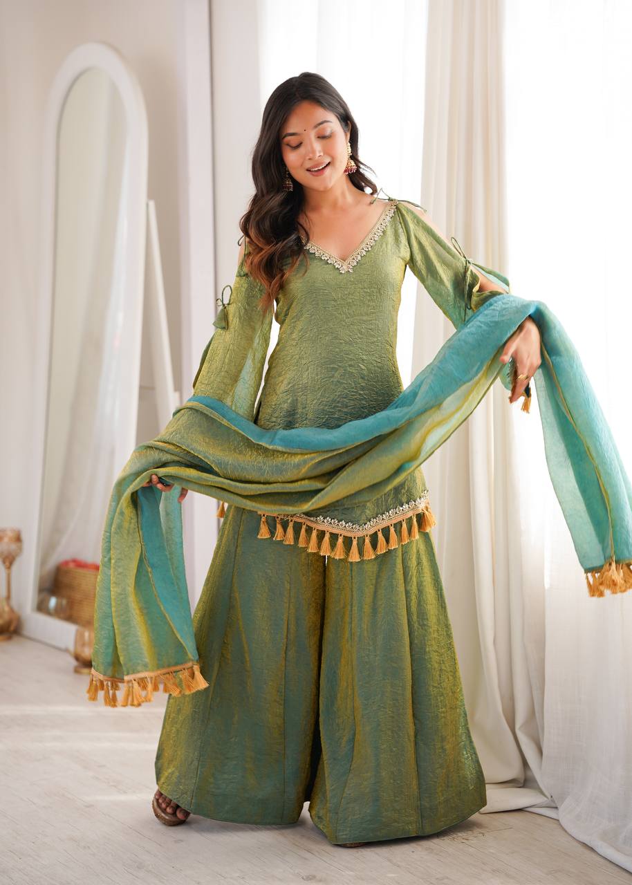 OLIVE GREEN DESIGNER KURTA PALAZZO SET WITH TASSEL DUPATTA